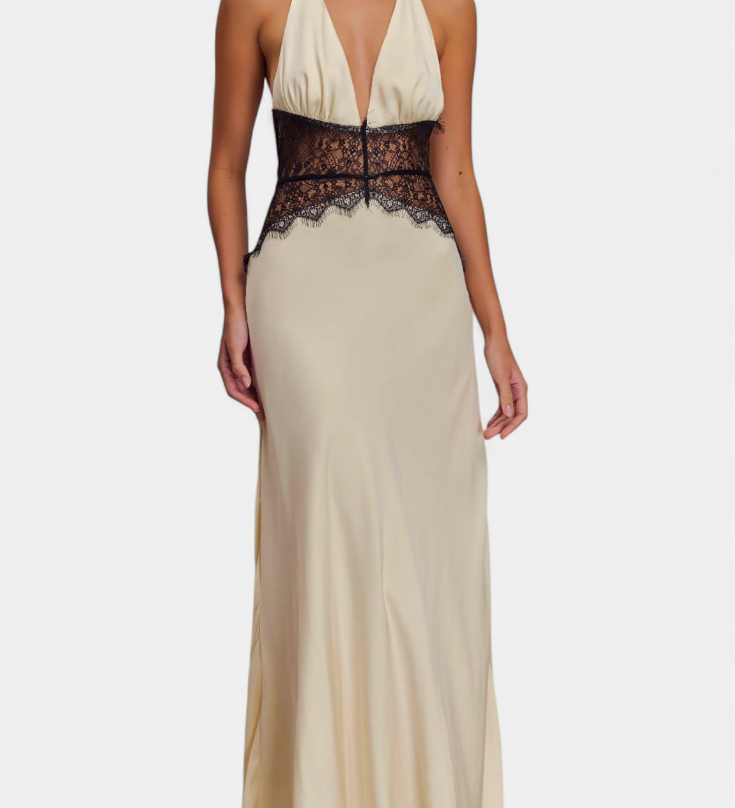 Martina Duga Haljina s Halter Izrezom i Prozirnim Čipkastim Strukom